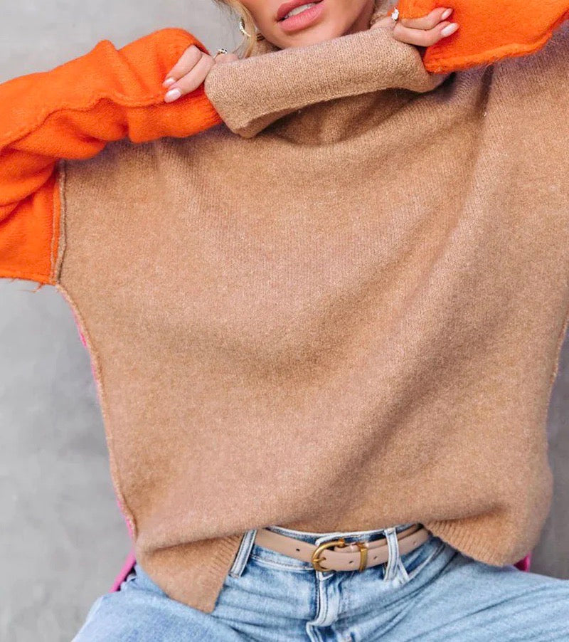 Rollkragenpullover im Farbblock-Design