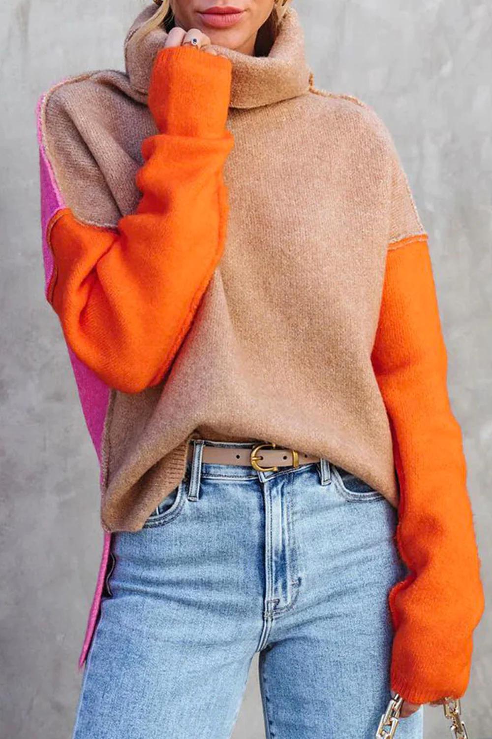 Rollkragenpullover im Farbblock-Design