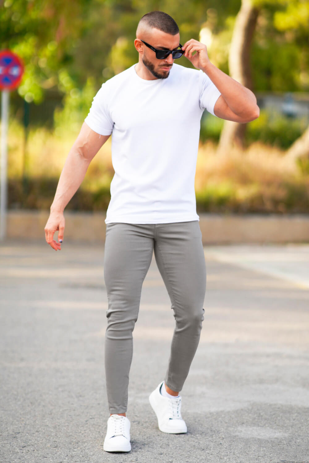 Hellgraue Schmale Herren Stretch Jeans