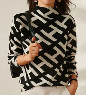 Stehkragen Pullover mit Vintage Druck und Streifen